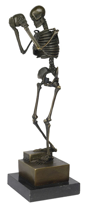 Skeleton Holding Skull Bronze Sculpture On Marble Base